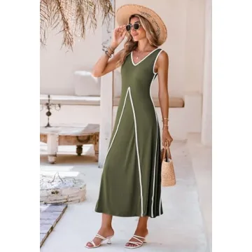 Pink Queen Women's 2024 Summer Casual Sleeveless V Neck Smocked Flared Maxi Dresses Vacation Daily Casual Green L