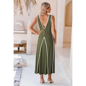 Pink Queen Women's 2024 Summer Casual Sleeveless V Neck Smocked Flared Maxi Dresses Vacation Daily Casual Green L