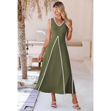 Pink Queen Women's 2024 Summer Casual Sleeveless V Neck Smocked Flared Maxi Dresses Vacation Daily Casual Green L