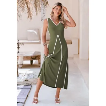 Pink Queen Women's 2024 Summer Casual Sleeveless V Neck Smocked Flared Maxi Dresses Vacation Daily Casual Green L
