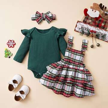 BeQeuewll Newborn Infant Girl Christmas Outfit Baby Plaid Dress Knit Romper +Suspender Skirt+Headban...