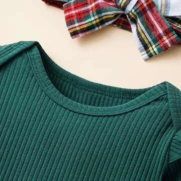BeQeuewll Newborn Infant Girl Christmas Outfit Baby Plaid Dress Knit Romper +Suspender Skirt+Headband 3Pcs Overall Skirt Set (Green, 6-12 Months)