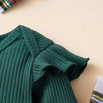 BeQeuewll Newborn Infant Girl Christmas Outfit Baby Plaid Dress Knit Romper +Suspender Skirt+Headband 3Pcs Overall Skirt Set (Green, 6-12 Months)