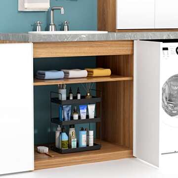 Bathroom Countertop Organizer, 3 Tier Metal Vanity Counter Skincare Shelf, Matte Black ​Under Sink Standing Rack With Acrylic Tray, Home Storage Holder For Lotion Makeup Cosmetics Perfume Spice