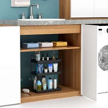 Bathroom Countertop Organizer, 3 Tier Metal Vanity Counter Skincare Shelf, Matte Black ​Under Sink Standing Rack With Acrylic Tray, Home Storage Holder For Lotion Makeup Cosmetics Perfume Spice