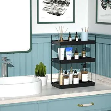 Bathroom Countertop Organizer, 3 Tier Metal Vanity Counter Skincare Shelf, Matte Black ​Under Sink Standing Rack With Acrylic Tray, Home Storage Holder For Lotion Makeup Cosmetics Perfume Spice
