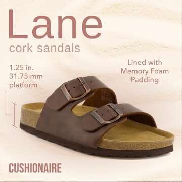 CUSHIONAIRE Lane Cork Footbed Sandals for Women – Comfortable Double Buckle Slip-On with Soft Faux Leather Straps & Arch Support Slides for Women Footwear, BROWN 8
