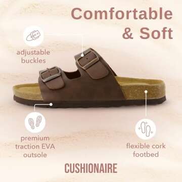 CUSHIONAIRE Lane Cork Footbed Sandals for Women – Comfortable Double Buckle Slip-On with Soft Faux Leather Straps & Arch Support Slides for Women Footwear, BROWN 8