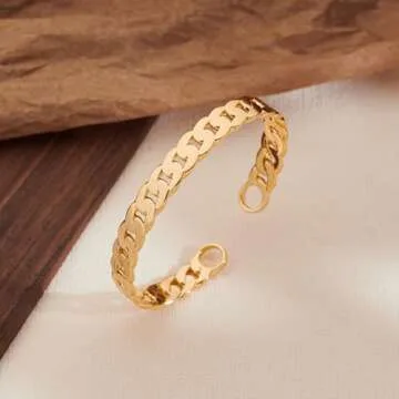 HESSAWELL Gold Cuban Chain Bangle Bracelet Statement Open Cuff Bangle Bracelet for Women Fashion Birthday Jewelry