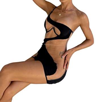 Womens Sheer Patchwork Mini Dress One Shoulder Spaghetti Strap Bodycon Sexy See Through, E-Girl Clothes Nightwear Clubwear Summer Dress for Women(H Colored, Small, s)