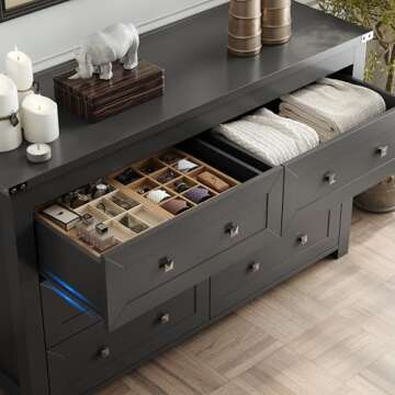 Boonatu Black Dresser for Bedroom with 6 Drawers, Wood Dressers Chest of Drawers with Metal Handles, Modern Bedroom Dresser with Drawers for Closet Hallway, Living Room, Black