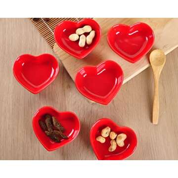 WHJY Red Love Heart Shaped Ceramic Side Dish Bowl, Contemporary Porcelain Side Dishes Bowl, Seasoning Dishes Soy Dipping Sauce Dishes for Wedding Birthday Party- Set of 6