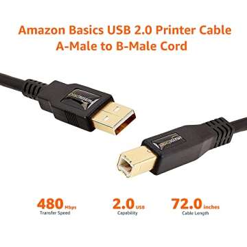Amazon Basics USB-A to USB-B 2.0 Cable with 480 Mbps Transfer Speed for Printer or External Hard Drive, Gold-Plated Connectors, 6 Foot, Black
