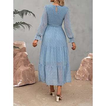 BTFBM Women Casual Long Sleeve Crew Neck Fall Dress Bohemian Relaxed Fit Floral Flowy Maxi Dresses Tiered Cocktail Dress(Floral Blue White,Large)
