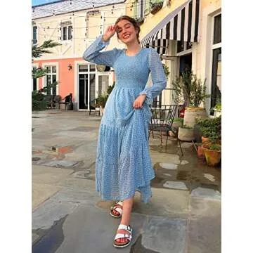 BTFBM Women Casual Long Sleeve Crew Neck Fall Dress Bohemian Relaxed Fit Floral Flowy Maxi Dresses Tiered Cocktail Dress(Floral Blue White,Large)