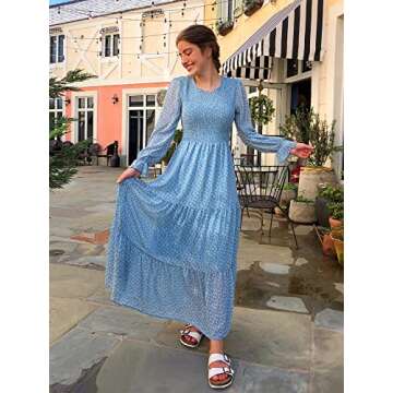 BTFBM Women Casual Long Sleeve Crew Neck Fall Dress Bohemian Relaxed Fit Floral Flowy Maxi Dresses Tiered Cocktail Dress(Floral Blue White,Large)