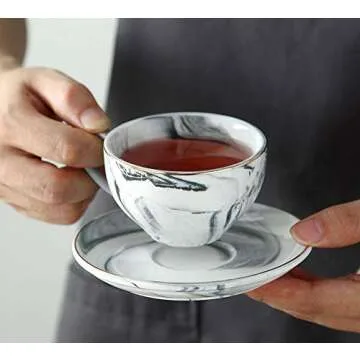 FUYU Gold Edge Marble Ceramic Espresso Coffee Cup and Saucer Set Tea Cup