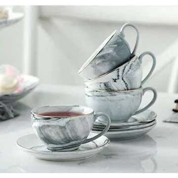 FUYU Elegant Gold Edge Marble Coffee and Tea Cups Set