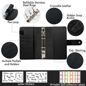 Budget Binder with Zipper Envelopes - Crocodile Pattern Leather Money Organizer, Cash Saving Book Budgeting Planner, cash stuffing folder envelope system, A6 Bill Binders with Pockets, Black