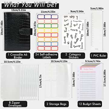 Budget Binder with Zipper Envelopes - Crocodile Pattern Leather Money Organizer, Cash Saving Book Budgeting Planner, cash stuffing folder envelope system, A6 Bill Binders with Pockets, Black