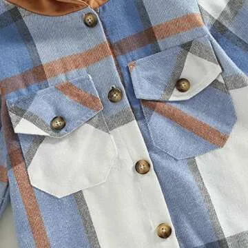 Toddler Baby Boy Girl Hooded Coat Outwear Long Sleeve Button Down Plaid Shirts Casual Hoodie Jacket with Pockets (Blue, 1-2 Years)
