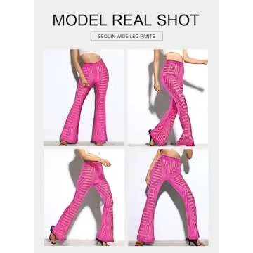 BLENCOT Women's Glitter Sequin Wide Leg Palazzo Sparkle Pants High Waist Bell Bottoms Night Club Flared Trousers Rose Red S