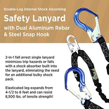AFP 6FT Double Leg Internal Shock Absorbing Safety Fall Protection Lanyard with Dual Aluminum Pelica...