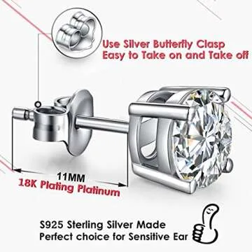 Mens Earrings Diamond Stud Earrings Women Men Earrings Stud Earrings Silver Cubic Zirconia Stud Earrings White Gold Plated Sterling Silver Tiny Diamond Stud Earrings 6mm