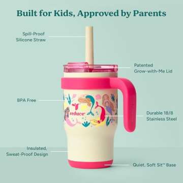 REDUCE 14 Oz Coldee Kids Tumbler with Lid and Straw - Coldee Insulated Travel Mug - Spill-Proof, Sweatproof Stainless Steel, BPA-Free - Includes Handle, Reusable Silicone Straw - Pink Mermaid