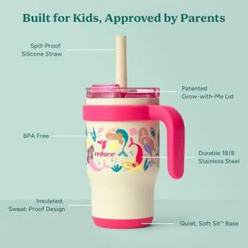 REDUCE 14 Oz Coldee Kids Tumbler with Lid and Straw - Coldee Insulated Travel Mug - Spill-Proof, Sweatproof Stainless Steel, BPA-Free - Includes Handle, Reusable Silicone Straw - Pink Mermaid