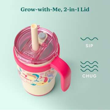 REDUCE 14 Oz Coldee Kids Tumbler with Lid and Straw - Coldee Insulated Travel Mug - Spill-Proof, Sweatproof Stainless Steel, BPA-Free - Includes Handle, Reusable Silicone Straw - Pink Mermaid