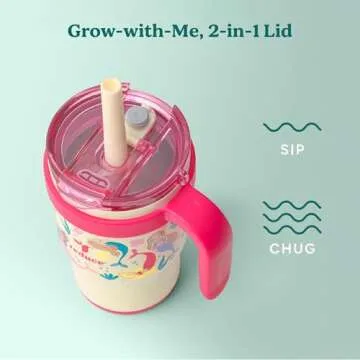 REDUCE 14 Oz Coldee Kids Tumbler with Lid and Straw - Coldee Insulated Travel Mug - Spill-Proof, Sweatproof Stainless Steel, BPA-Free - Includes Handle, Reusable Silicone Straw - Pink Mermaid
