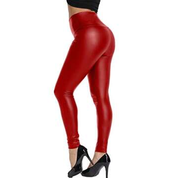 KIWI RATA Women's High Waist Faux Leather Leggings PU Butt Lifting Red, Small