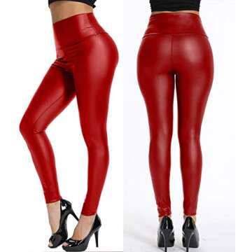 KIWI RATA Women's High Waist Faux Leather Leggings PU Butt Lifting Red, Small
