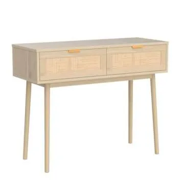 AOTIFARM Console Table with 2 Drawers Rattan Entryway Table with Storage Narrow Accent Sofa Table Behind Couch Table for Hallway, Entryway, Living Room and Bedroom Natural Wood