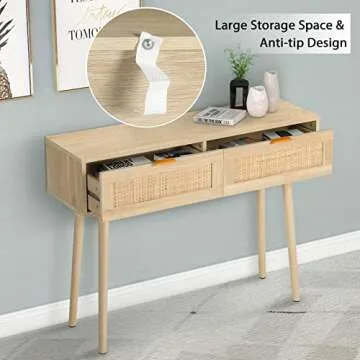 AOTIFARM Console Table with 2 Drawers Rattan Entryway Table with Storage Narrow Accent Sofa Table Behind Couch Table for Hallway, Entryway, Living Room and Bedroom Natural Wood
