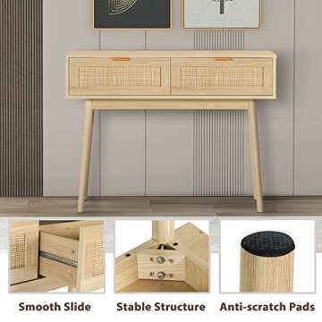 AOTIFARM Console Table with 2 Drawers Rattan Entryway Table with Storage Narrow Accent Sofa Table Behind Couch Table for Hallway, Entryway, Living Room and Bedroom Natural Wood