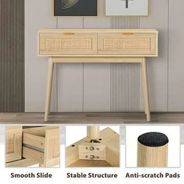 AOTIFARM Console Table with 2 Drawers Rattan Entryway Table with Storage Narrow Accent Sofa Table Behind Couch Table for Hallway, Entryway, Living Room and Bedroom Natural Wood