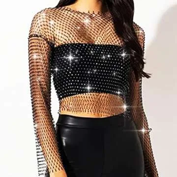 GENBREE Mesh Tank Top Rhinestone Body Chain Glitter Long Sleeve Cover up Crop Tops Elastic Fishnet B...