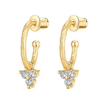 PAVOI 14K Yellow Gold Plated 925 Sterling Silver Post Dangle Huggie Hoop Earrings For Women - Trendy Cubic Zirconia Cluster Open Hoop Earrings - Small Hinged Hammered Huggies