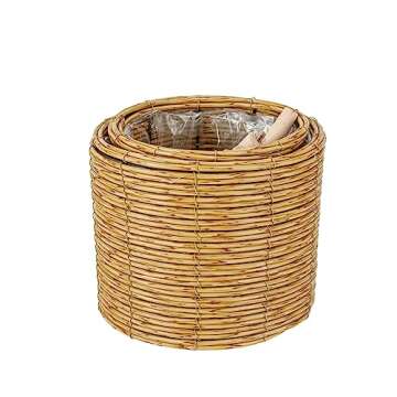 THY COLLECTIBLES Set of 2 Natural Color Woven Planter Baskets with Plastic Lining and 3 Wooden Legs, Multipurpose Storage for Plants, Flowers, Toys, Rustic Farmhouse (Thin Weave)