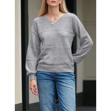 SHEWIN Womens Fashion Crochet Sweaters Casual Lightweight Long Sleeve Hollow Out Sweater Tops V Neck...