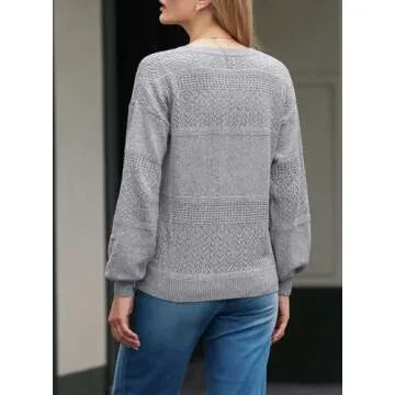 SHEWIN Womens Fashion Crochet Sweaters Casual Lightweight Long Sleeve Hollow Out Sweater Tops V Neck Cable Knit Pullover Jumper Spring Outfits for Women 2025, US 8-10(M), Gray
