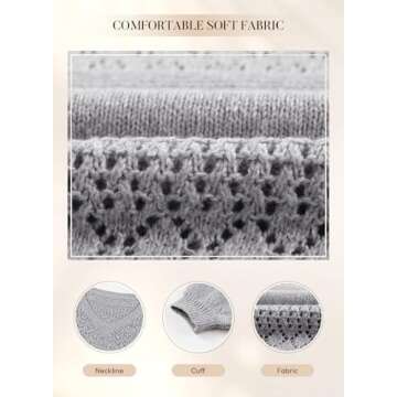 SHEWIN Womens Fashion Crochet Sweaters Casual Lightweight Long Sleeve Hollow Out Sweater Tops V Neck Cable Knit Pullover Jumper Spring Outfits for Women 2025, US 8-10(M), Gray