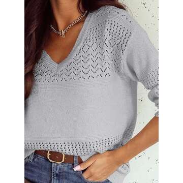 SHEWIN Womens Fashion Crochet Sweaters Casual Lightweight Long Sleeve Hollow Out Sweater Tops V Neck Cable Knit Pullover Jumper Spring Outfits for Women 2025, US 8-10(M), Gray