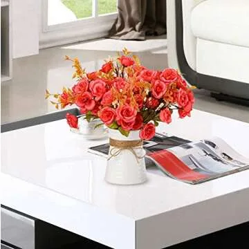 MULTI CANDY Artificial Flower Bouquets with White Ceramic Vase - Fake Silk Rose Arrangements for Ind...