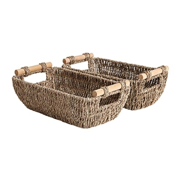 StorageWorks Small Wicker Baskets - Handwoven Seagrass Baskets with Handles, Set of 2