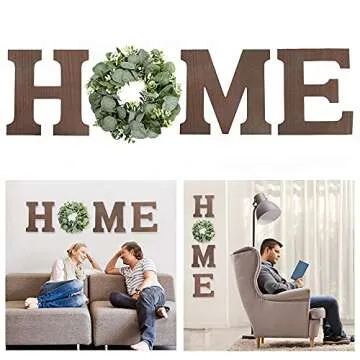 Wooden Home Sign Wall Hanging Decor - Wood Home Letters for Wall Art with Artificial Eucalyptus Wreath Rustic Home Decor Farmhouse, Wall Decor for Living Room Kitchen Housewarming Gift (Brown)