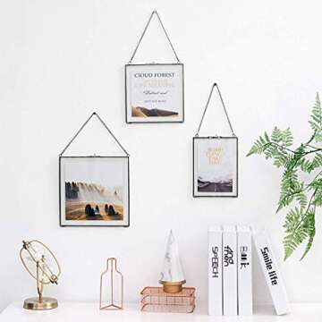 Daisylily 8x8 Inch Brass Hanging Photo Frame, Copper Glass Picture Frames Clip Modern Wall Decor Plant Specimen Artwork Ornament Display Black Square