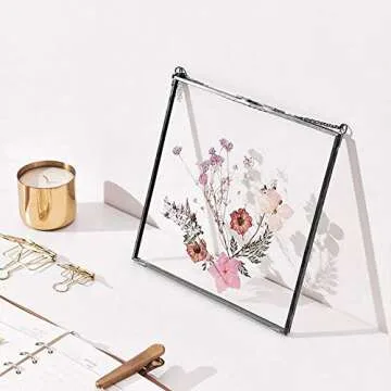 Daisylily 8x8 Inch Brass Hanging Photo Frame, Copper Glass Picture Frames Clip Modern Wall Decor Plant Specimen Artwork Ornament Display Black Square